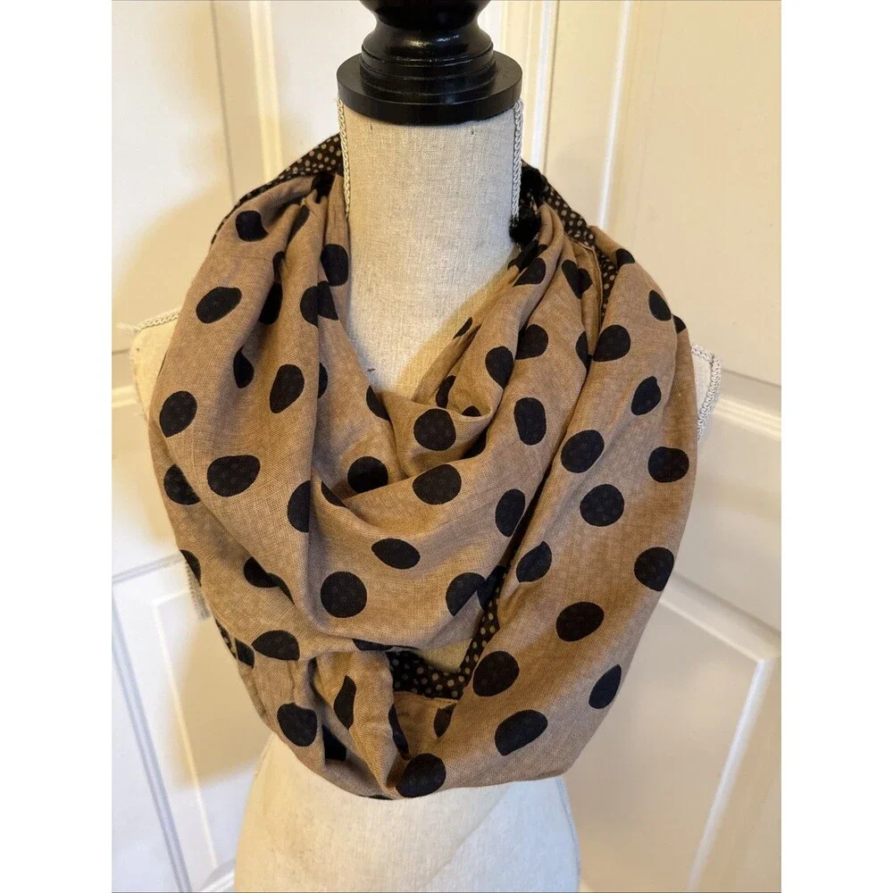 POLKADOT INFINITY SCARF unbranded Black And Brown Polka Dot Scarf With Tassels
